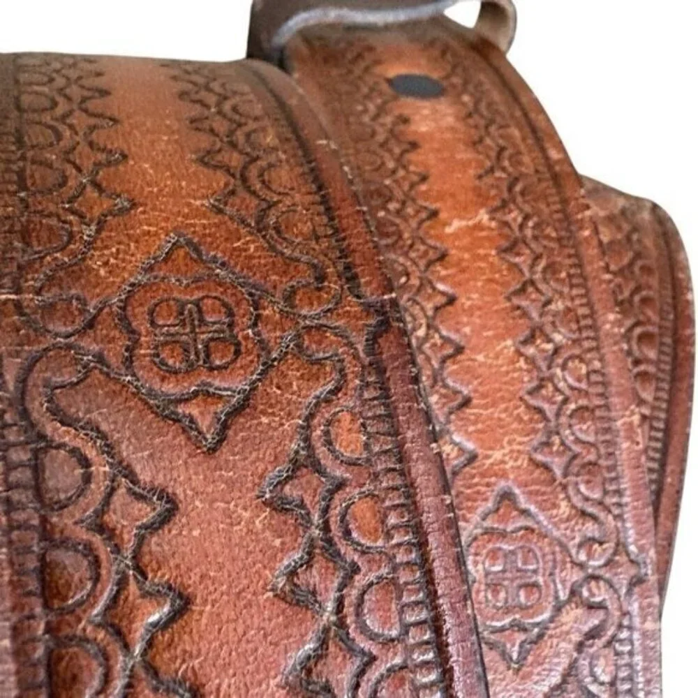 VTG 70s Western Boho Leather Brown Belt Tooled Handcrafted Design Men’s 45”